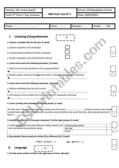 4th Form Experimental Sciences Mid Term Test N 2 ESL Worksheet