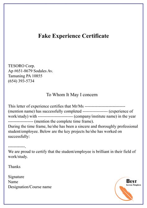 Experience Letter Certificate Sample