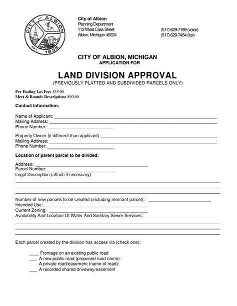 City Of Albion Michigan Application For Land Division Approval Fill