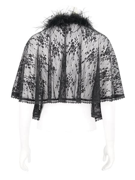 Black Gothic Floral Lace Pattern Faux Fur Trim Cape For Women