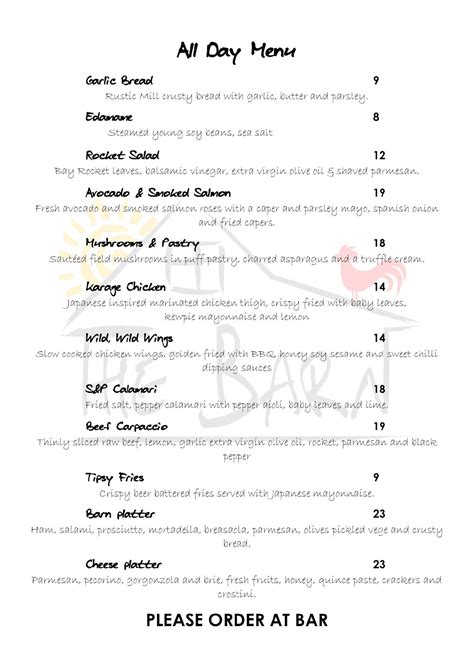 Menu at The Barn, Mudgeeraba