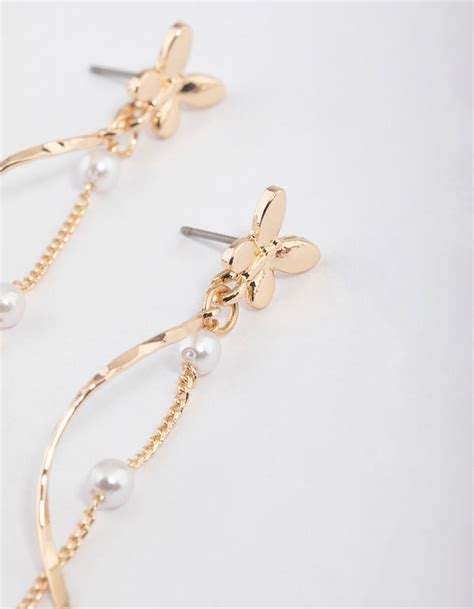 Gold Butterfly Pearl Twisted Drop Earrings Lovisa