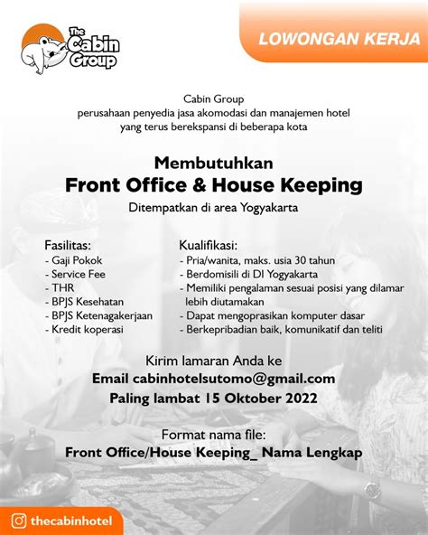 Lowongan Kerja Front Office House Keeping Di The Cabin Group