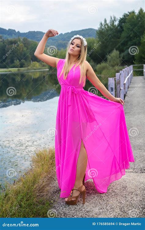 Beautiful Blonde By The Lake Stock Photo Image Of Blonde Fashion 176585694
