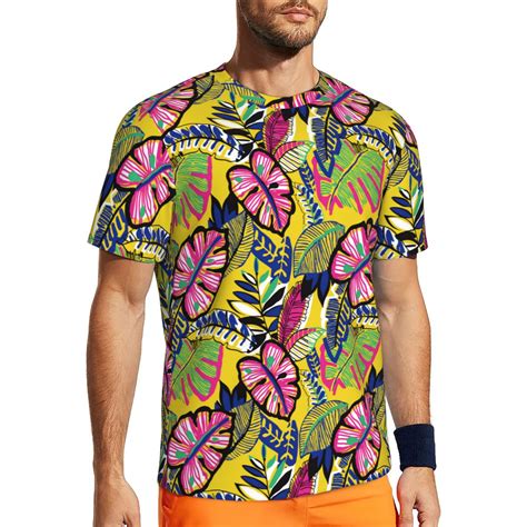 Wukai Colrful Tropical Leaves Print Mens Short Sleeved Mesh T Shirt