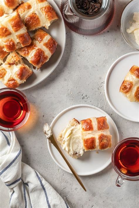 Traditional Easter Hot Cross Buns On White Plate With Butter And Tea Delicious Easter Breakfast
