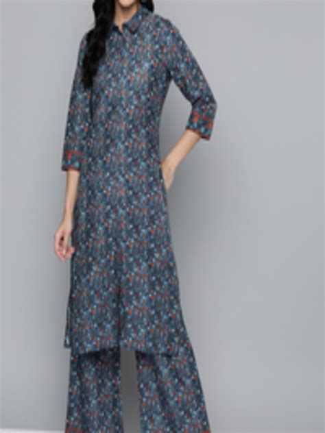 Buy Hereandnow Women Navy Blue Ethnic Motifs Printed Pure Cotton Kurta