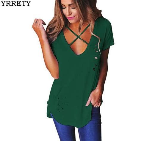 Yrrety 2018 Summer Women Sexy Holes T Shirt Cross V Neck Ripped T Shirts Bandage Loose Basic