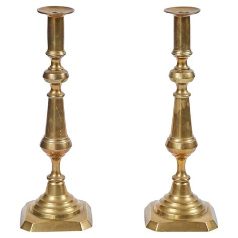 Pair Of Antique Brass Tall Candlesticks With Wax Pusher For Sale At 1stdibs