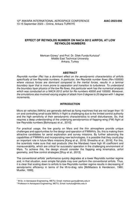 (PDF) EFFECT OF REYNOLDS NUMBER ON NACA 0012 AIRFOIL AT LOW REYNOLDS NUMBERS