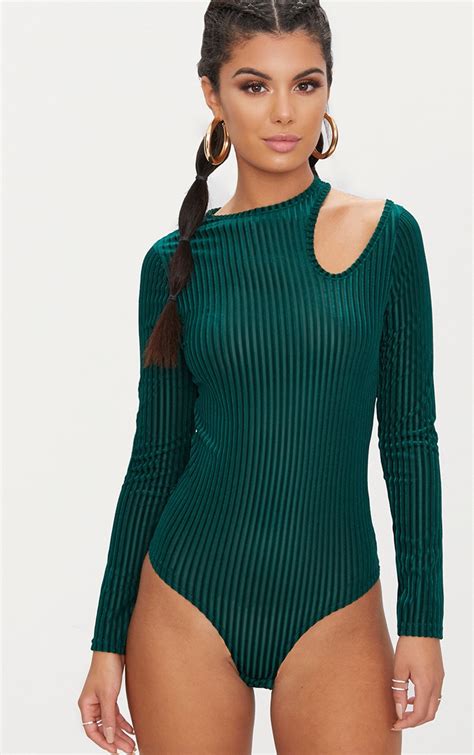 Emerald Green Velvet Cut Out Shoulder Thong Bodysuit