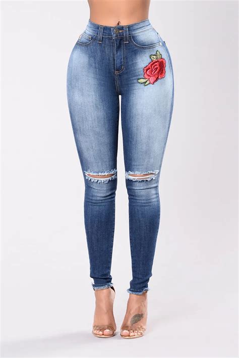 Jeans Knee Ripped Pencil Pants Foot Tassel Fashion Washed Stretchy Denim Skinny Floral