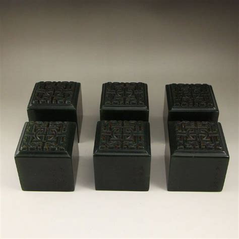 A Set Chinese Qing Dynasty Deep Green Jade Seals Carving Hand Carved