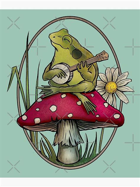 Cottagecore Aesthetic Cute Kawaii Frog Playing Banjo On Mushroom Photographic Print For Sale