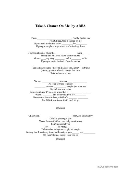 Take A Chance On Me By Abba Song And English Esl Worksheets Pdf Doc