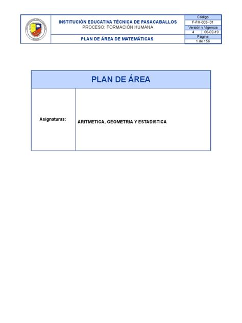 Plan De Area Matematicas 2020 Pdf Educación Primaria Enseñanza De Matemática