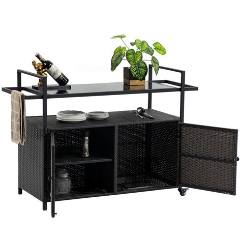 Hokku Designs 40 W Outdoor Bar Cart Wine Serving Cart Wheels Rolling Rattan Beverage Bar