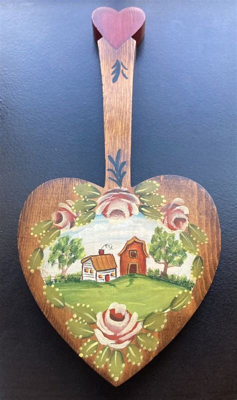 Vintage Wooden Heart Wall Hanging Hand Painted With Cottage And Barn