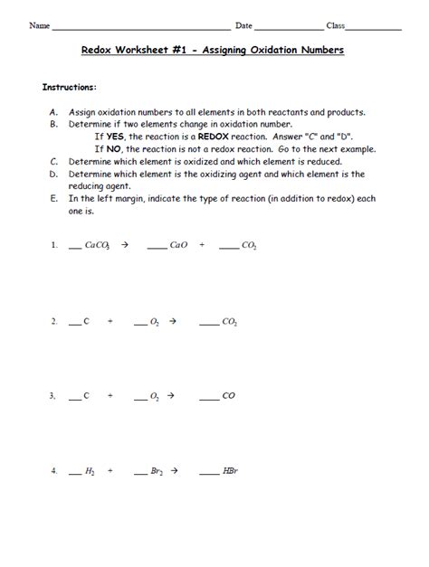 Chapter Worksheet Redox