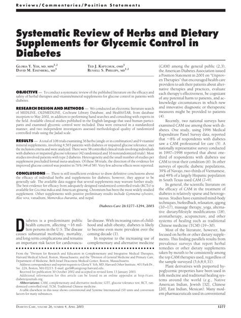 (PDF) Systematic Review of Herbs and Dietary Supplements for Glycemic Control in Diabetes