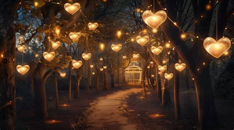 Romantic Evening Park Heart Shaped Lights Valentine S Day Scenery