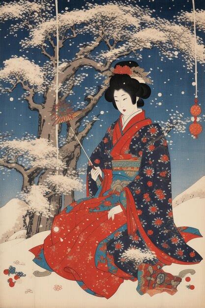 Premium Photo Araffe Woman In Kimono Sitting Under A Tree In The Snow