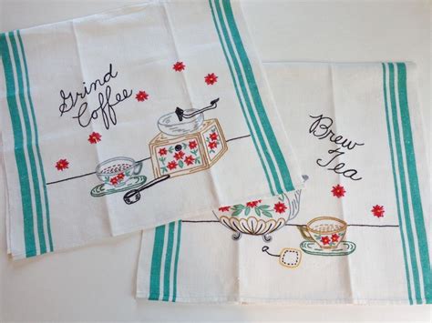 Tea Towels Vintage 1930s Embroidery Coffee Tea Never Used Vintage