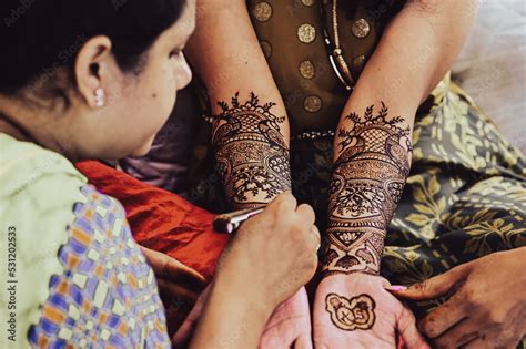 Master Applying Henna Tattoo On A Bride Hands Elegant Brown Colors Of