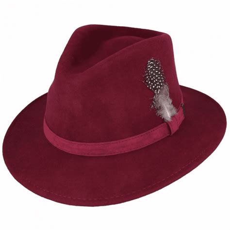 Wool Felt Fashionable Outback Fedora Style Hat Red Burgundy With Feather