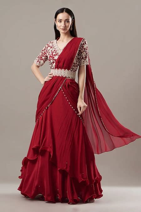 Buy Red Crepe Embroidery Pearl V Neck Pre Draped Ruffled Lehenga Saree