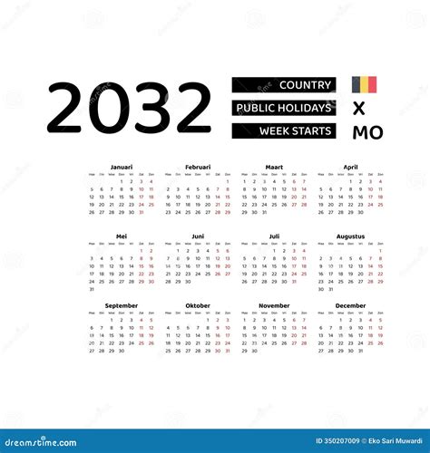 Calendar 2032 Dutch Language with Belgium Public Holidays. Week Starts