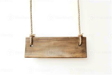 Wooden Sign Plain Hanging From Rope Isolated On White Background