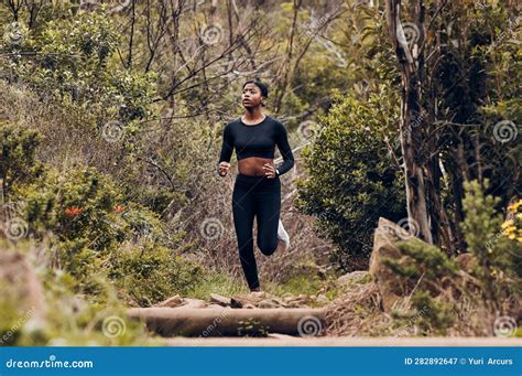 Forest Running And Woman Of Fitness Body Training And Cardio Wellness