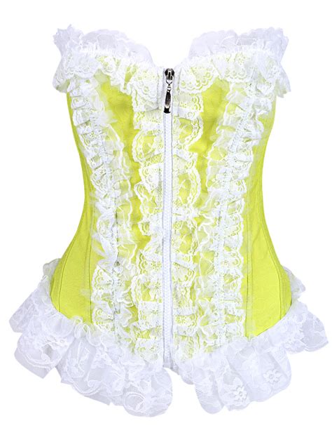 Ruffled Lace Trim Corsets Womens Lace Up Zip Closure Corset