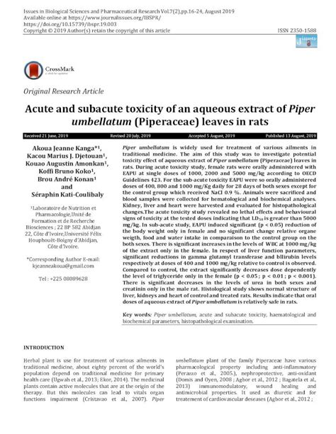 Pdf Acute And Subacute Toxicity Of An Aqueous Extract Of Piper