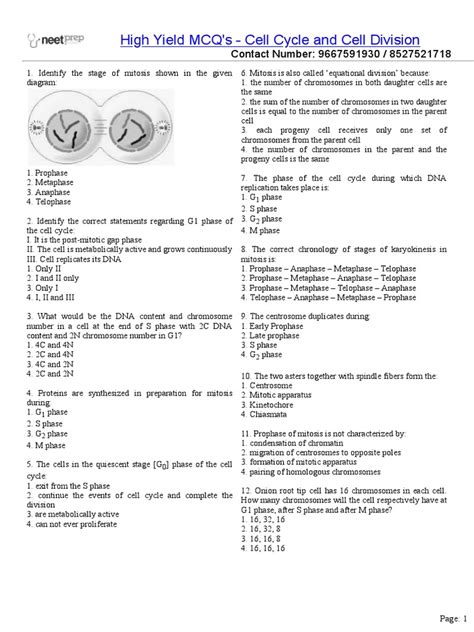 Cell Cycle And Cell Division High Yield Mcqs For Neet 2022 Revision