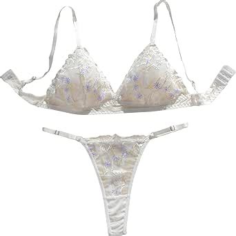 Amazon Oyoangle Women S Floral Embroidery Mesh Bra And Thongs Piece Lingerie Set White M