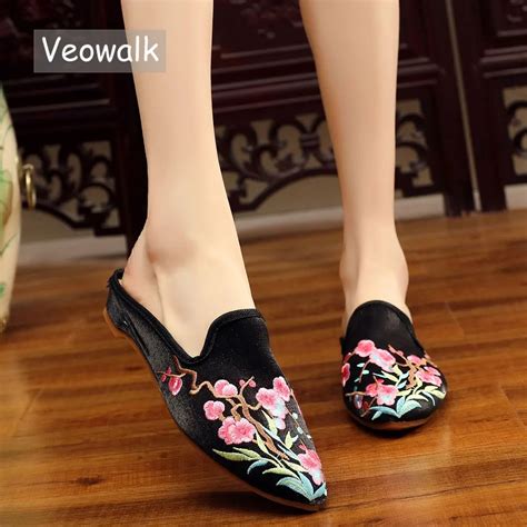 Veowalk Zapatillas De Seda Bordadas Con Flores Chinas Para Mujer