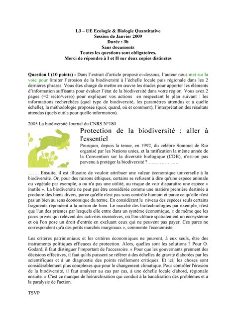 Examen 2014 questions et réponses L3 UE Ecologie Biologie