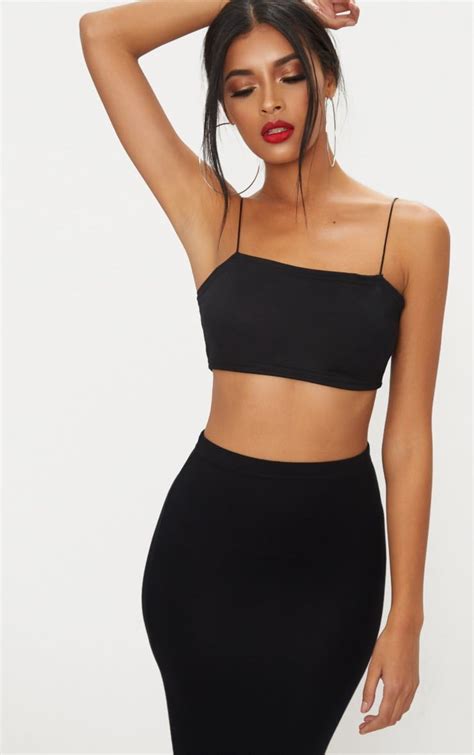 Black Crepe Spaghetti Strap Bandeau Crop Top Bandeau Crop Top Black Bandeau Top Womens