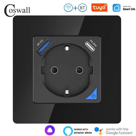 Coswall Glass Panel Black Wifi Tuya Bluetooth Smart Eu Wall Power