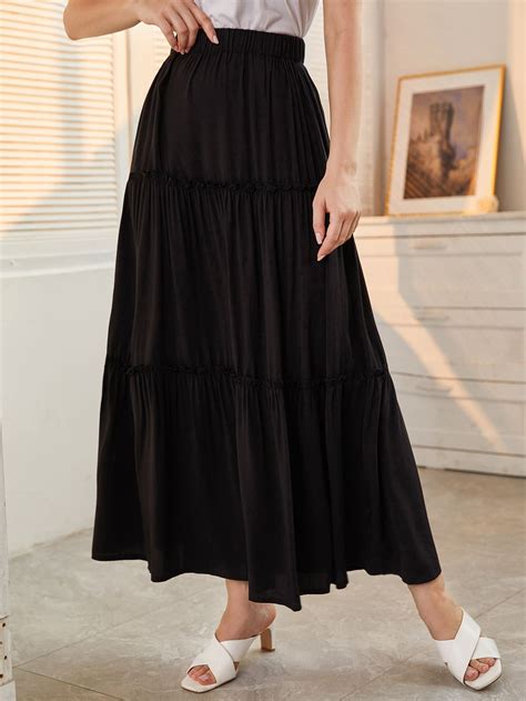 Elastic Waist Frill Trim Skirt Flowy Skirt Outfit Black Skirt Long