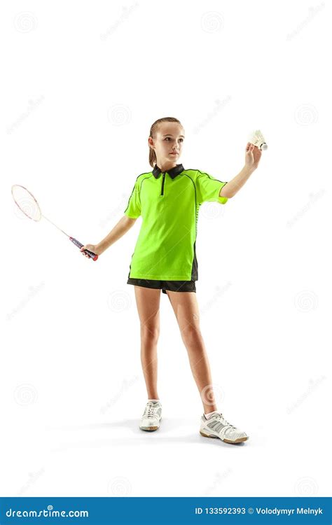 One Caucasian Young Teenager Girl Woman Playing Badminton Player