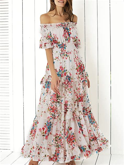 White S Boho Off Shoulder Floral Long Flounce Dress For Wedding