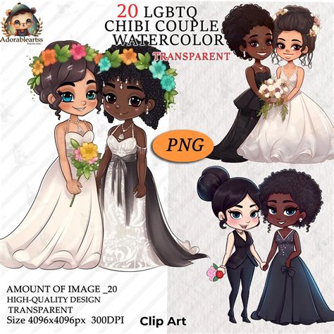 Lesbian Wedding Couple Clipart LGBTQ Marriage Clipart Fashion Illustration Interracial