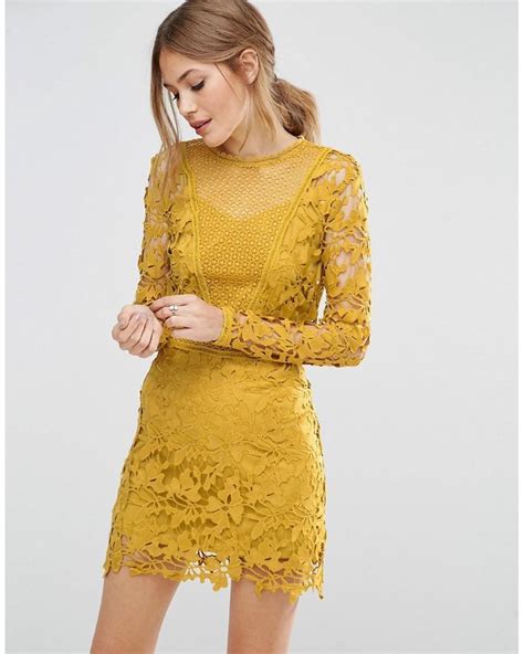 Asos Yellow Mustard Lace Long Sleeve Panelled Shift Dress Vestidos De