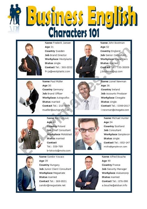 Business English Characters 101 Male And Female Elementary