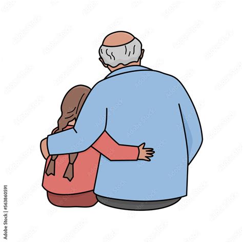 Grandfather Is Hugging A Granddaughter Back View Vector Isolated