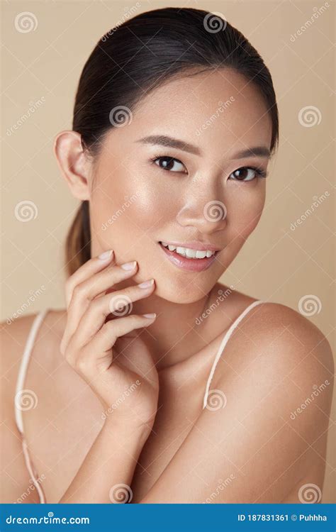 Beauty Asian Woman Portrait Beautiful Model Touching Face And Looking