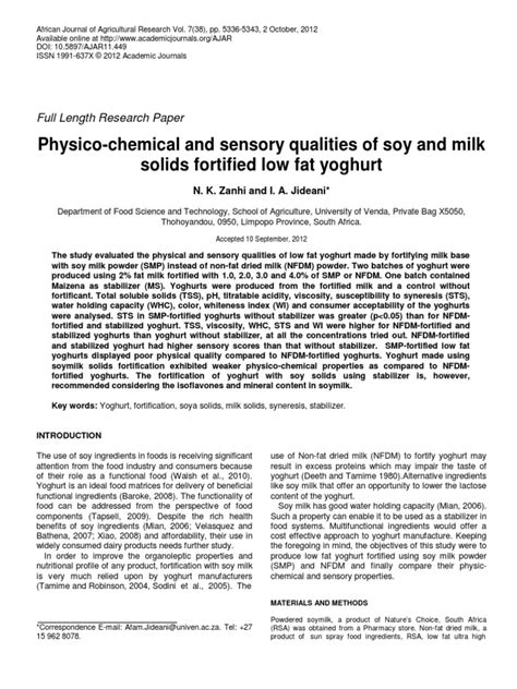 Physico Chemical And Sensory Qualities Of Soy And Milk Solids Fortified